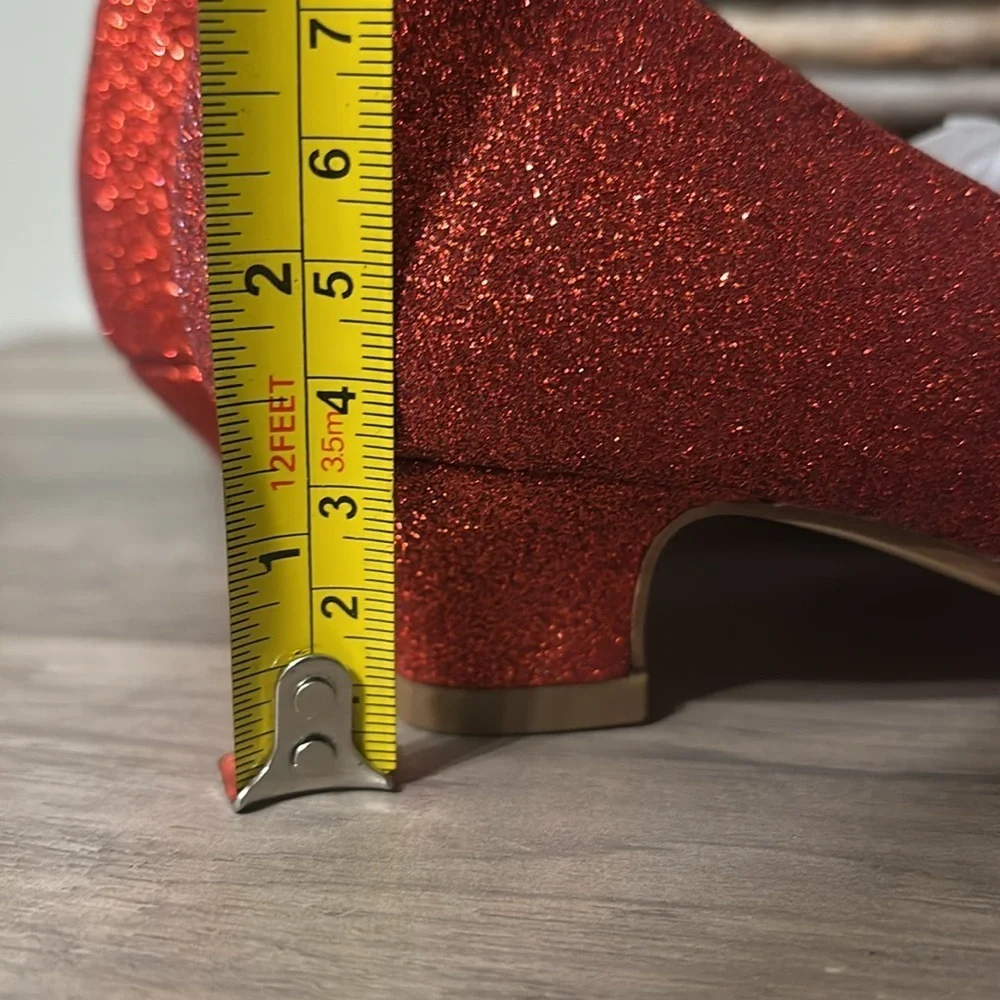 NIB Mary Jane GIRLS SZ 1 RED GLITTER DRESS Shoes LOW HEEL w/Pearls & Rhinestones